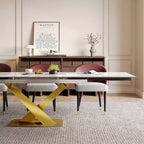 Ensemble de salle à manger 9 pièces avec table à manger rectangulaire extensible en pierre frittée de 240 cm et 8 chaises en similicuir